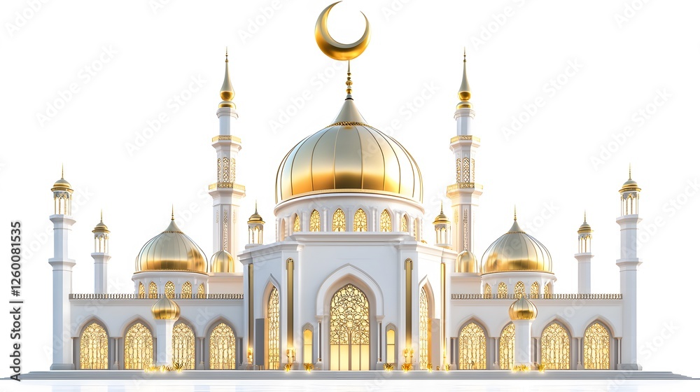 Obraz premium A breathtaking 3D-rendered modern mosque in gold and white, blending minimalism with Islamic elegance. Ideal for Ramadan and Eid Mubarak cards, wallpapers, and social media celebration posts.