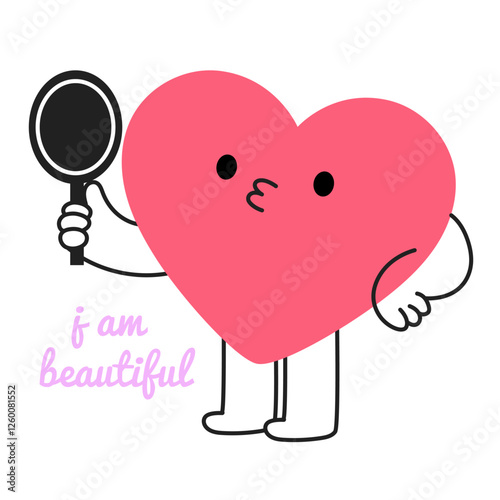 Self love and perception, psychology concept. Doodle cartoon heart character looking at face, appearance in mirror. Cute mascot contemplating reflection with love.Flat vector isolated