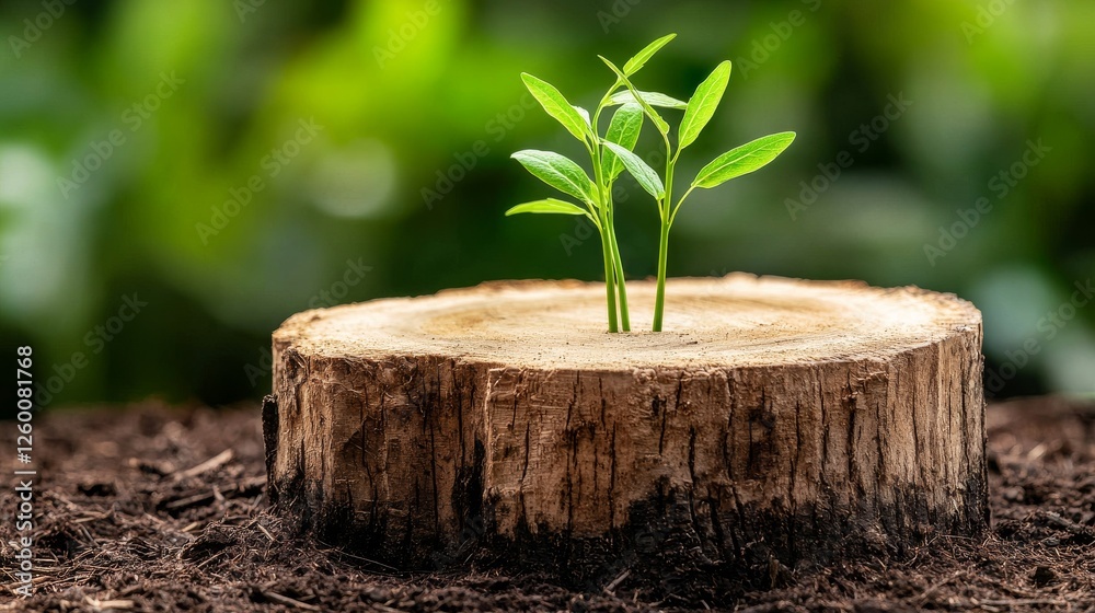 New Life Sprouting from Tree Stump Nature Plant Growth Lush Environment Close-Up View Renewal Concept New Life Sprouting from Tree Stump Nature Plant Growth Lush Environment Close-Up View Renewal Concept