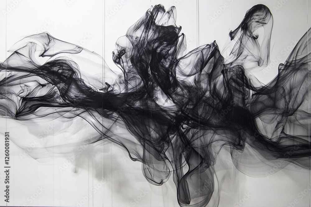 Fototapeta premium Elegant black smoke swirls create dynamic abstract patterns on a white background