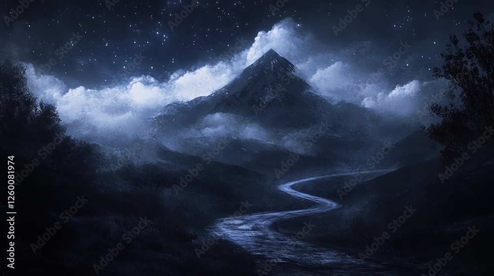 Mystical Night Landscape: Winding Road to Starlit Mountain Peak Mystical Night Landscape: Winding Road to Starlit Mountain Peak