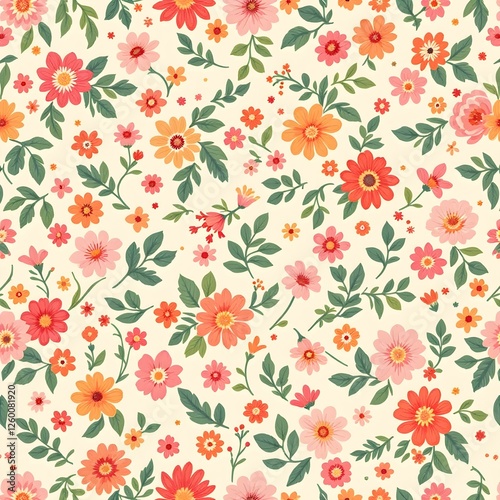 Floral pattern. Pretty flowers on a white background. Printing with small orange, red, and pink flowers. Ditsy print. Spring Bouquet.A white background, red and orange small flowers pattern.