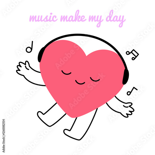 Doodle cartoon heart character listening to music in calm mood with lettering. Cute baby with headphones enjoying sound and melody. Self care, leisure, relaxation concept. Flat vector isolated icon