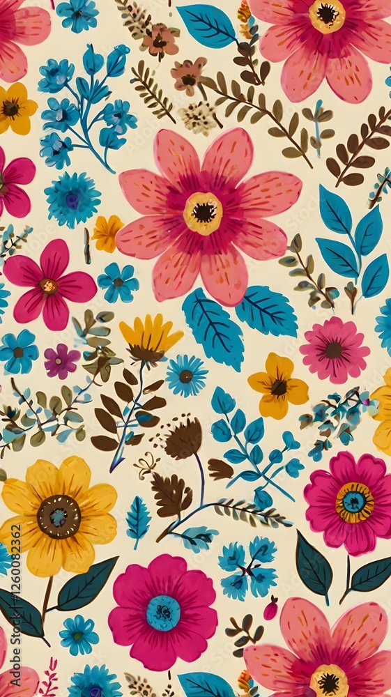 Fototapeta premium Floral pattern. Pretty flowers on a white background. Printing with small orange, red, and pink flowers. Ditsy print. Spring Bouquet.A white background, red and orange small flowers pattern.