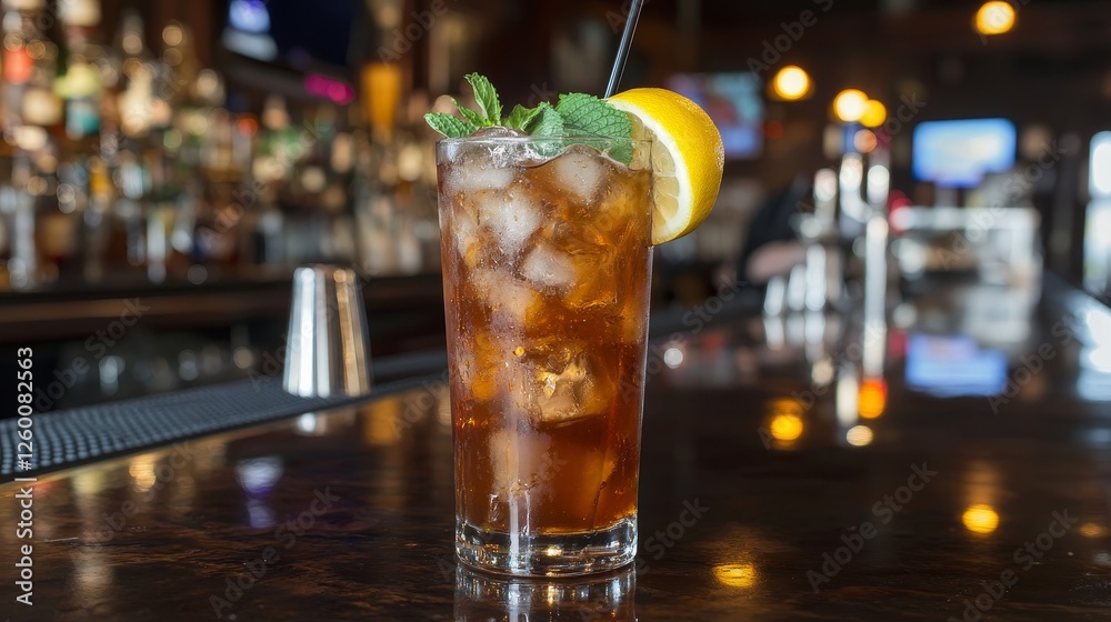 Long Island ice tea cocktail with vodka, rum, tequila, gin, liquor, lemon juice, cola and ice, garnished with lemon slice and mint in highball glass.
Long Island ice tea cocktail with vodka, rum, tequila, gin, liquor, lemon juice, cola and ice, garnished with lemon slice and mint in highball glass.