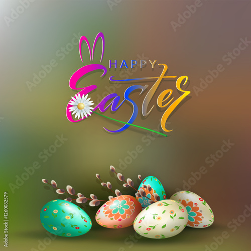 Easter illustration with eggs and a willow branch.