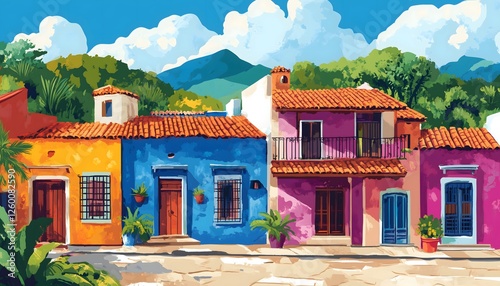 A painting of colorful hacienda houses