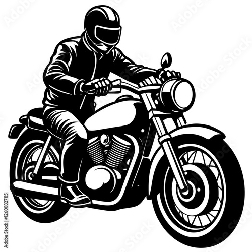 A black and white illustration of a man riding a vintage motorcycle. A man on motorcycle black silhouette vector, Simple silhouette Design vector icon with white background.