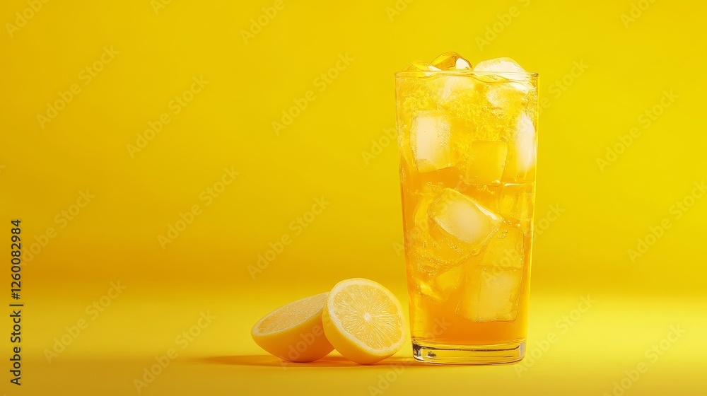 Iced tea with lemon and ice in a tall glass on a yellow background. The concept of a refreshing drink or lemonade on a hot summer day. Front view and copy space. Iced tea with lemon and ice in a tall glass on a yellow background. The concept of a refreshing drink or lemonade on a hot summer day. Front view and copy space.