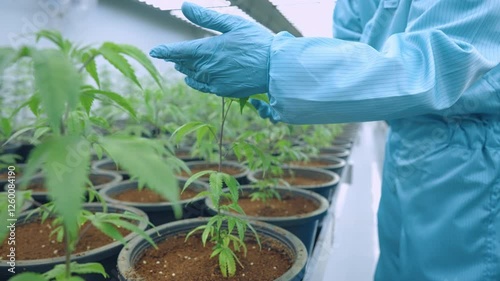 Data Collection and Result Control. Closeup a male scientists hands in laboratory uniform checks on seedling planted in pots. Medical Laboratory controls a humidity for a rich quality harvest. 