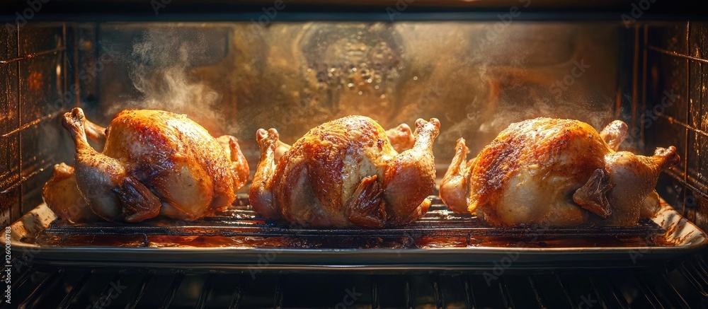 Roasted golden-brown chickens evenly placed in a hot oven emitting steam and savory aromas showcasing a delicious culinary process. Roasted golden-brown chickens evenly placed in a hot oven emitting steam and savory aromas showcasing a delicious culinary process.