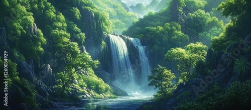 Serene waterfall cascading into tranquil pool surrounded by lush green foliage and tropical trees under soft sunlight in a vibrant rainforest setting