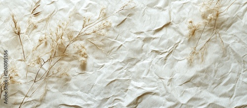 Handmade paper texture background with dried plant fibers in soft beige tones crinkled surface showcasing natural elements throughout the design.
