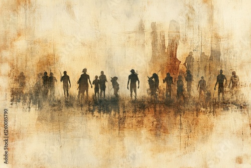 Silhouettes of early humans gathered in a prehistoric landscape during sunset