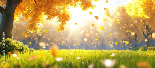 Vibrant landscape featuring golden yellow trees in foreground with soft green grass and warm sunlight creating a dreamy autumn atmosphere.