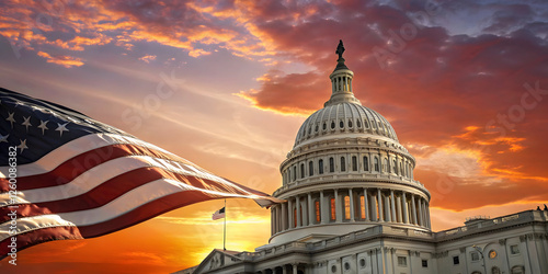 Sunset over capitol hill american flag waves washington d.C. Scenic photography vibrant skies majestic viewpoint