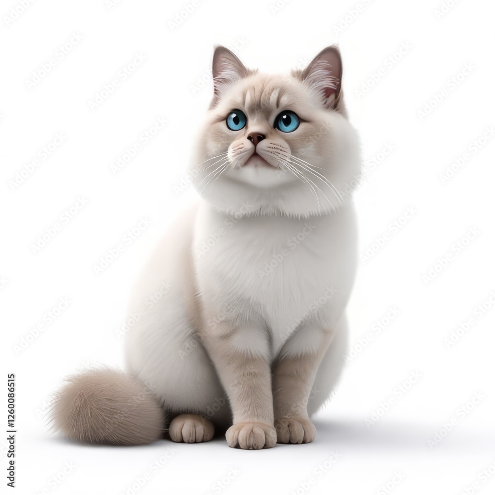 Fototapeta premium Blue-Eyed Fluffy Cat Sitting Against a Soft White Background