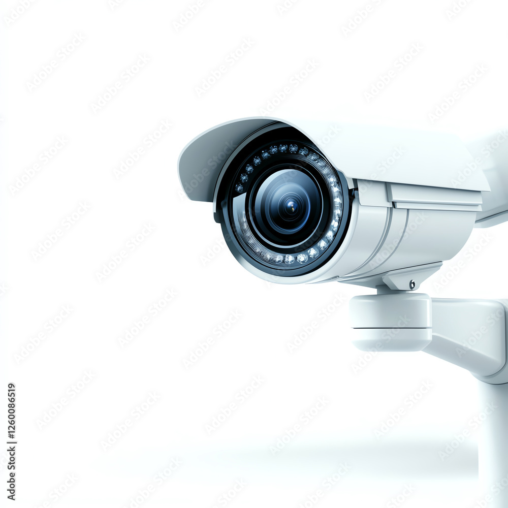 A detailed view of a modern security camera, emphasizing its sleek design and high-resolution lens. Perfect for discussions on surveillance, safety, or technology advancements. A detailed view of a modern security camera, emphasizing its sleek design and high-resolution lens. Perfect for discussions on surveillance, safety, or technology advancements.