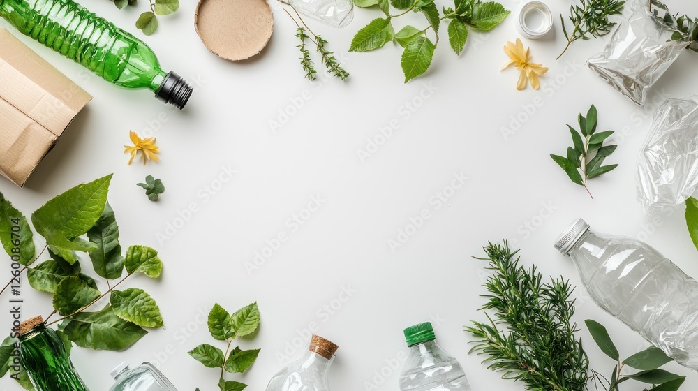 Greenery and Recycled Materials Arrangement on White Background Greenery and Recycled Materials Arrangement on White Background