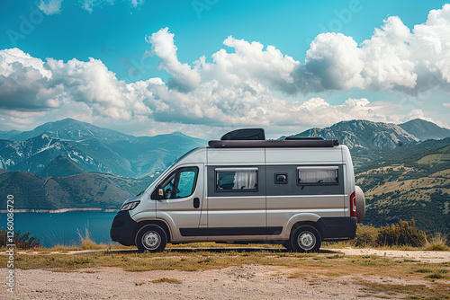 Holiday trip on large family motorhome for holiday in beautiful natural nature, abstract vivid composition consists of fictional unreal fantastic vision on background