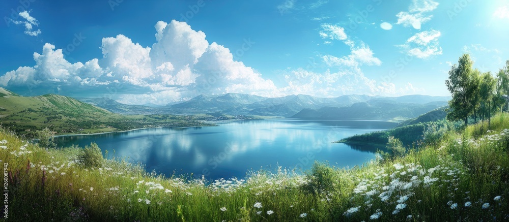Panoramic view of a serene mountain lake surrounded by lush green hills and vibrant wildflowers under a bright blue sky with fluffy clouds. Panoramic view of a serene mountain lake surrounded by lush green hills and vibrant wildflowers under a bright blue sky with fluffy clouds.