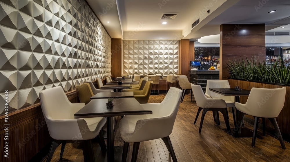 Sophisticated dining space with a textured geometric feature wall and sleek, modern furnishings.