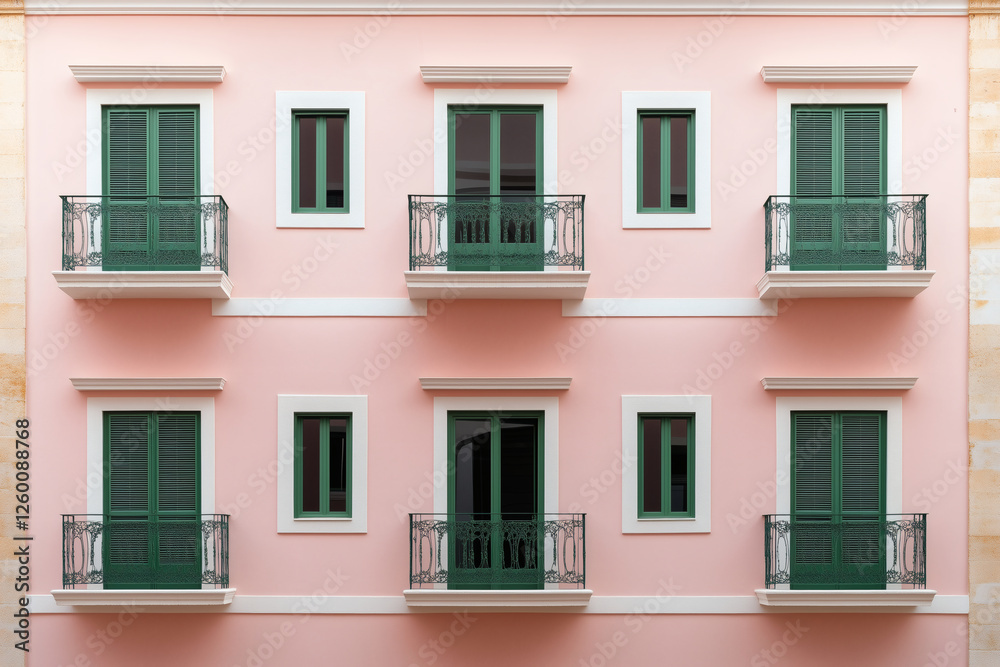 Pink Building with Green Windows and Balconies Pink Building with Green Windows and Balconies