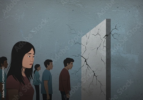 Despondent People Facing a Cracked Wall - Conceptual Illustration of Societal Barriers.

