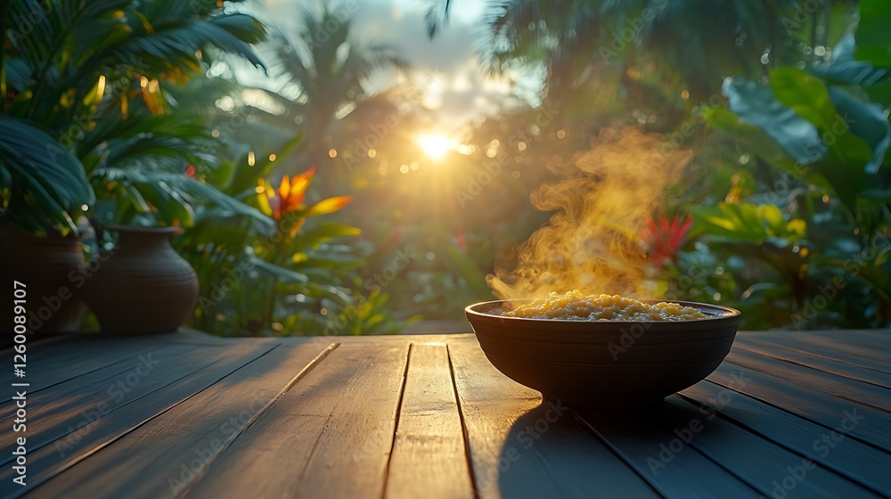 A peaceful Jamaican morning, a steaming bowl of Cornmeal Porridge placed on a wooden porch, overlooking a lush tropical garden at sunrise, soft natural light illuminating the scene, A peaceful Jamaican morning, a steaming bowl of Cornmeal Porridge placed on a wooden porch, overlooking a lush tropical garden at sunrise, soft natural light illuminating the scene,