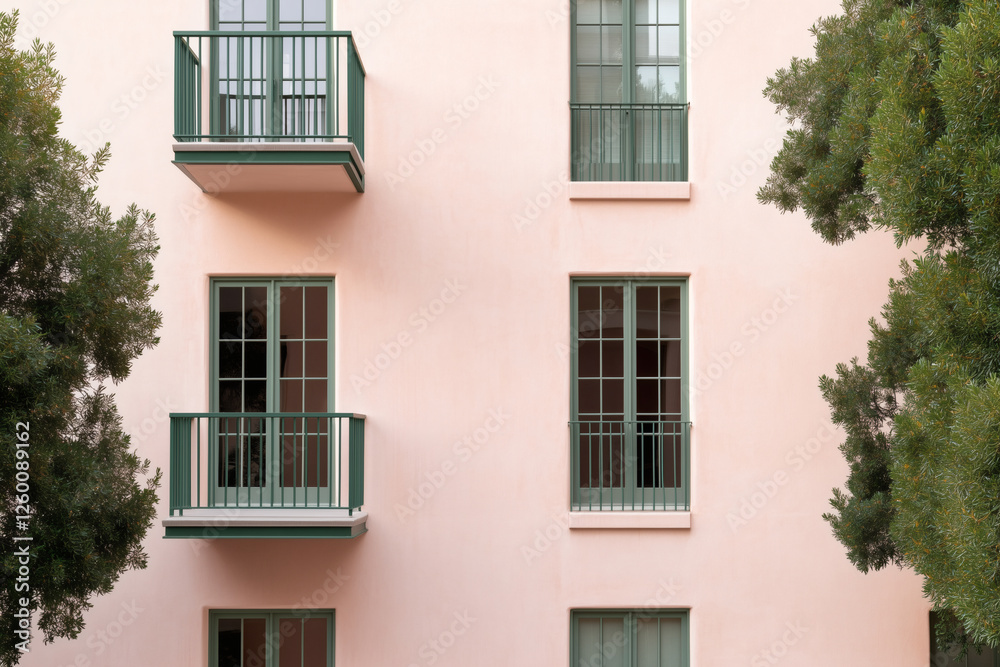 Obraz premium Building facade with balconies and green window trim