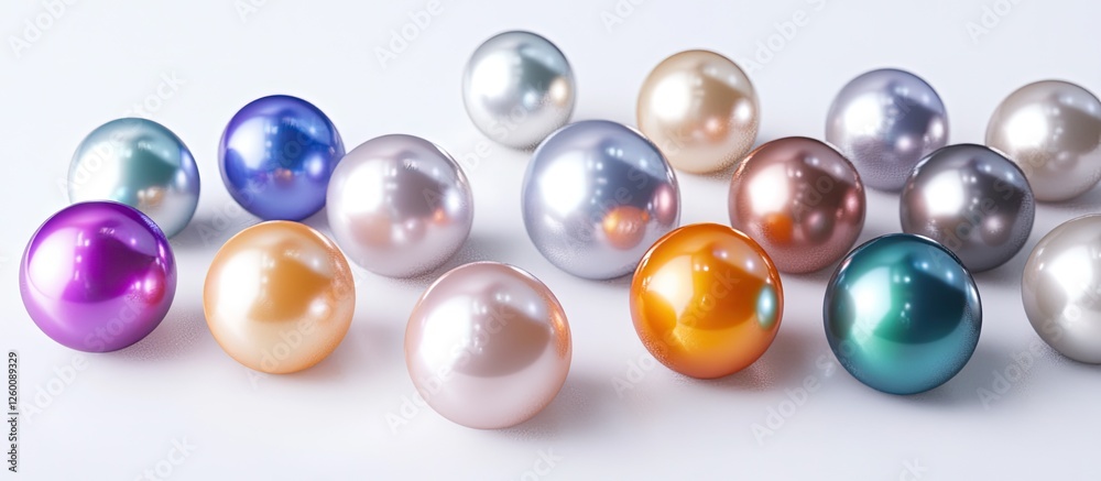 Colorful array of glossy pearl spheres in shades of purple silver gold orange green and blue arranged artistically on a clean white background Colorful array of glossy pearl spheres in shades of purple silver gold orange green and blue arranged artistically on a clean white background