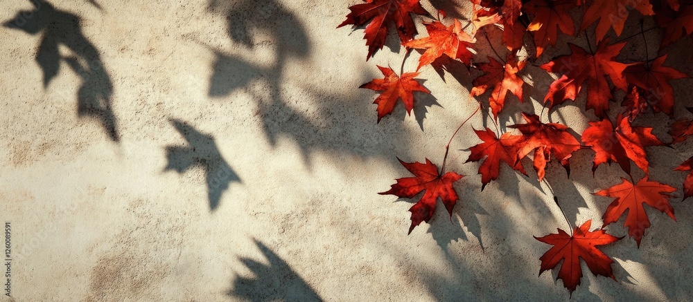 Autumn leaves casting deep red shadows on a textured light beige wall with soft details creating a serene abstract seasonal vibe Autumn leaves casting deep red shadows on a textured light beige wall with soft details creating a serene abstract seasonal vibe
