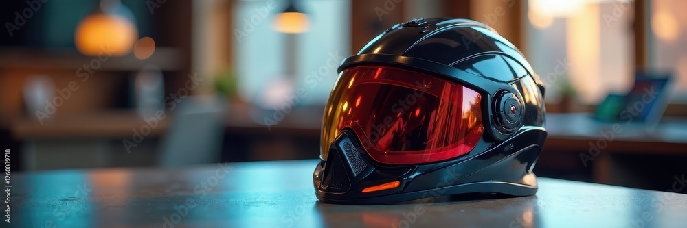 Fototapeta premium Helmet and goggles mockup on a table for testing, safety gear prototype, goggles prototype, equipment display