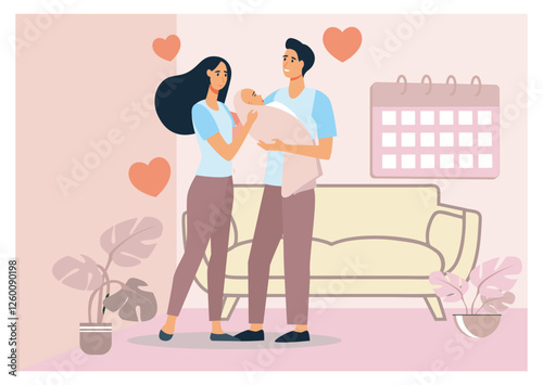  Parental leave. Loving Parents Cuddling Newborn in Cozy Living Room Interior.