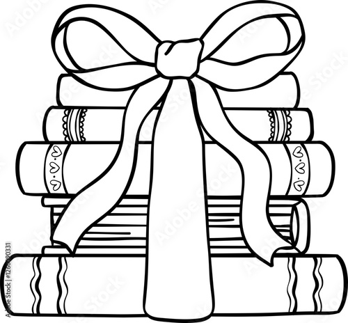 Coquette Books with bow stacked Outline Black and White Handdrawn