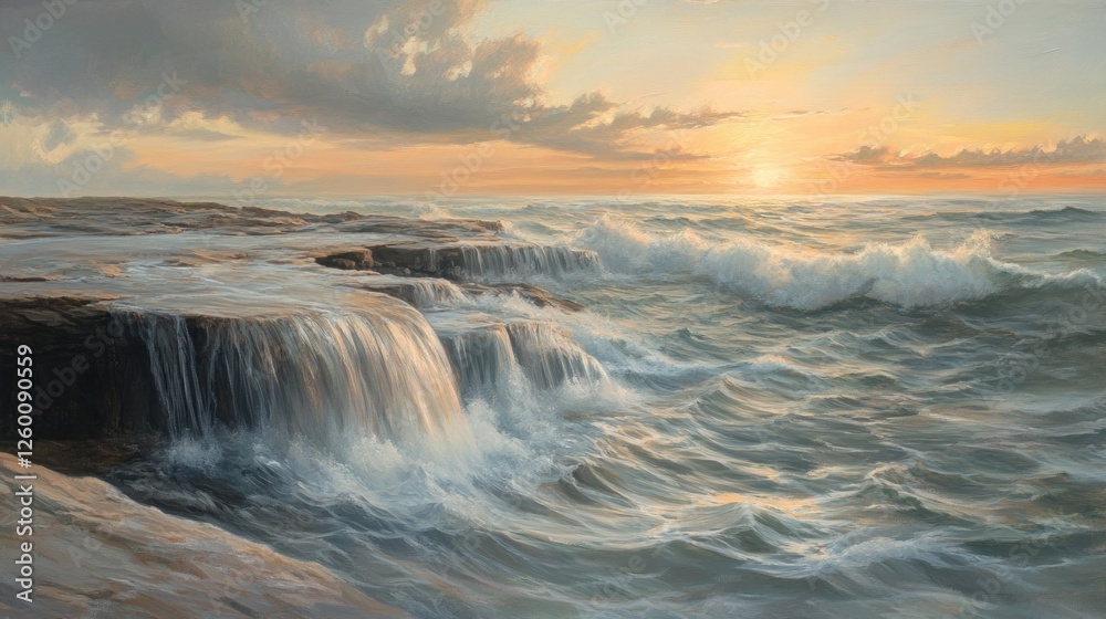 Fototapeta premium Serene Sunset Seascape: Ocean Waves Crashing on Rocky Coast at Golden Hour