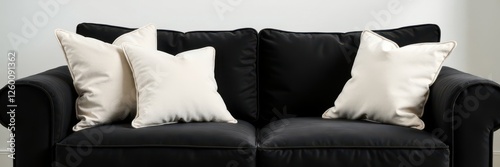 Linen pillows accentuate black sofa against stark white , relax, chic, linen