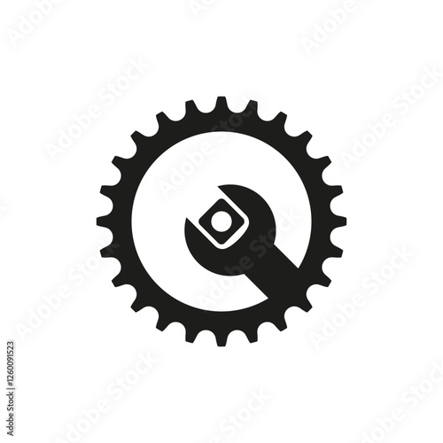 Spanner inside cogwheel. Bicycle sprocket and gear with wrench. Bike repair and servicing. Logo and gear icon. Isolated vector illustration on white background.