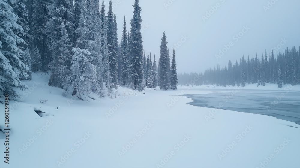 Pixelated Snowy Forest Along Frozen River Pixelated Snowy Forest Along Frozen River