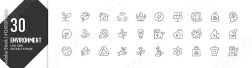 30 Environment Eco-Friendly Line Icons Editable, Icon Set for Environmental Awareness and Education