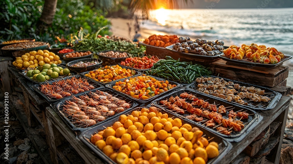Obraz premium Sunset beachside food stall, diverse tropical seafood