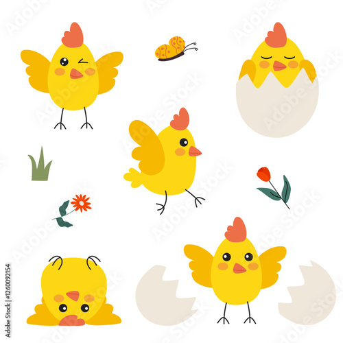A cute set of funny baby chicks in various poses—some hatching from eggs, some sleeping in eggshells, and others joyfully playing. Perfect for Easter designs, children's illustrations, and decorations