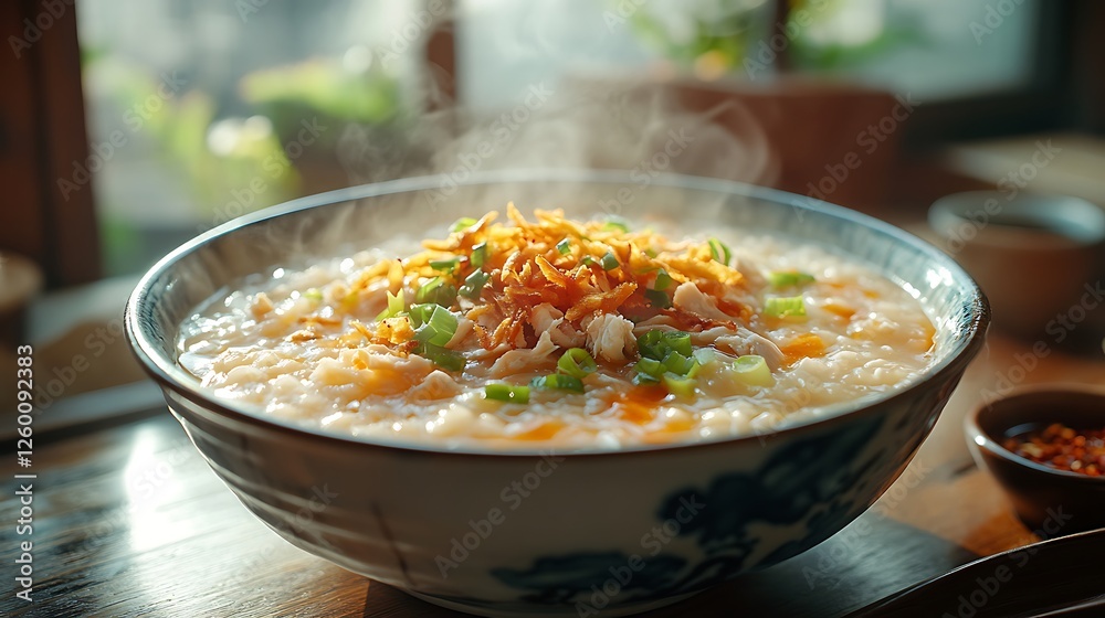 A steaming bowl of traditional Chinese congee, topped with shredded chicken, finely chopped scallions, and crispy fried shallots, A steaming bowl of traditional Chinese congee, topped with shredded chicken, finely chopped scallions, and crispy fried shallots,