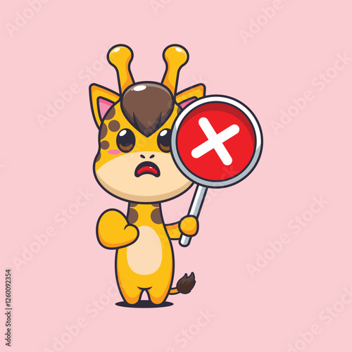 Cute giraffe  with wrong sign cartoon vector illustration