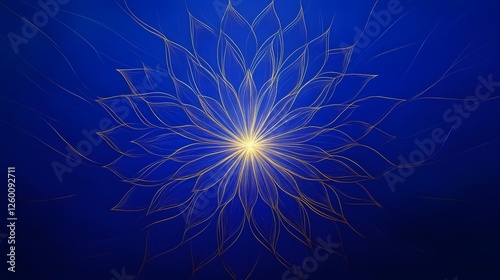 Golden Flower Blooms on Blue Canvas, Abstract Art Design