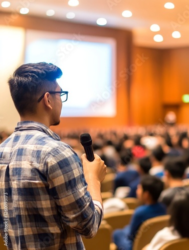 Young man speaking to a large audience in a conference hall, engaging participants with a presentation