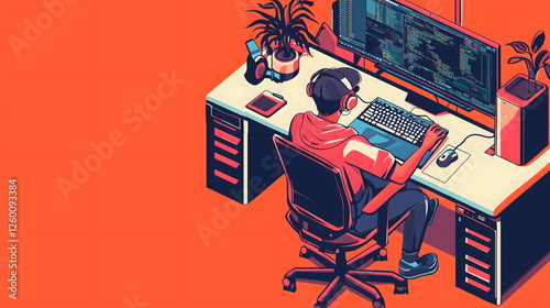 Software developer coding on a computer. Professional programmer working on application development, writing code, and testing software. IT specialist at work, technology and innovation background.