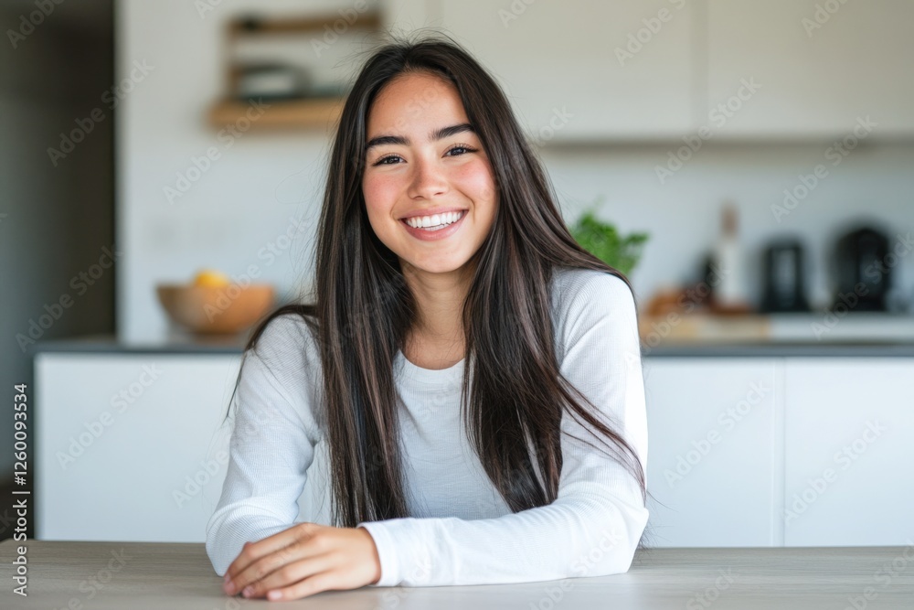 Smiling young woman sitting at table in modern minimalist kitchen, happy beautiful female with long dark hair wearing white shirt, at home Smiling young woman sitting at table in modern minimalist kitchen, happy beautiful female with long dark hair wearing white shirt, at home