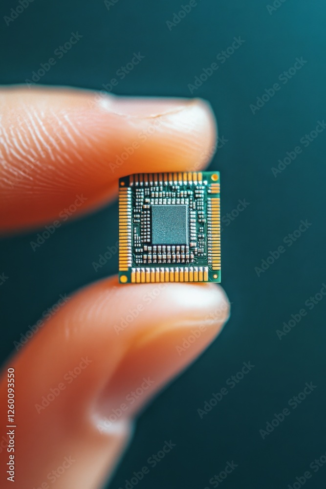 Close-up of a tiny microchip held between fingers, advanced semiconductor technology, high-tech computing