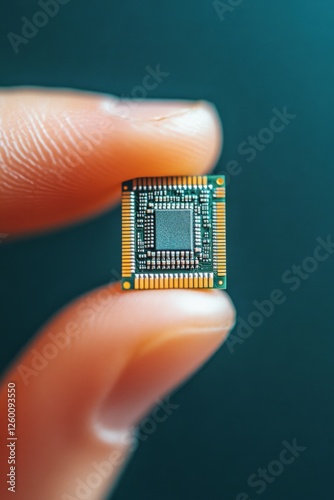 Obraz na płótnie Close-up of a tiny microchip held between fingers, advanced semiconductor technology, high-tech computing w salonie